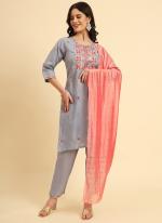 Cotton Grey Daily Wear Thread Work Readymade Kurti Set